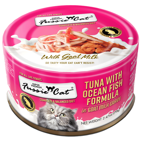 Fussie Cat Tuna with Oceanfish Formula in Goat Milk Gravy Canned Food (2.47 oz (70g) cans)